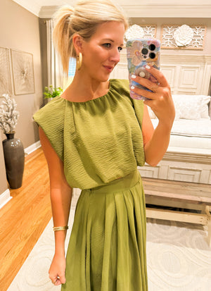 Olive Cropped Bubble Top & Pleated Skirt SET