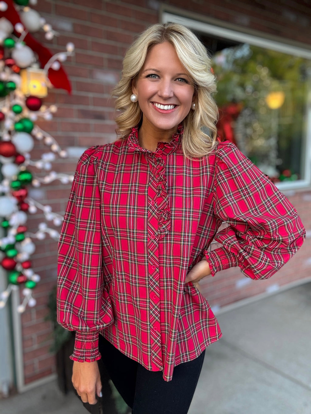 Red Plaid Button Down Top with Ruffle Details