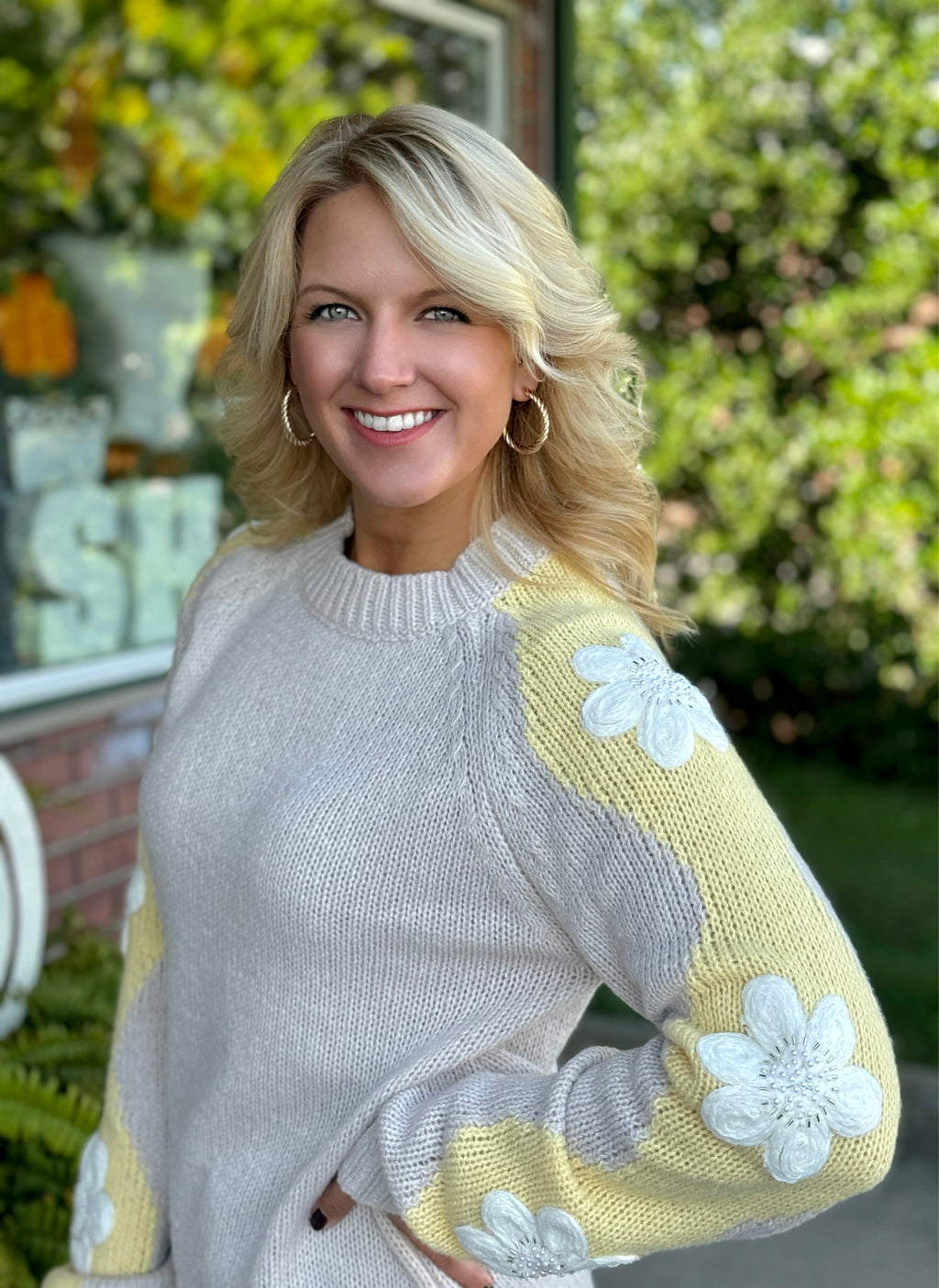 Taupe Sweater with Flower Detailed Sleeve