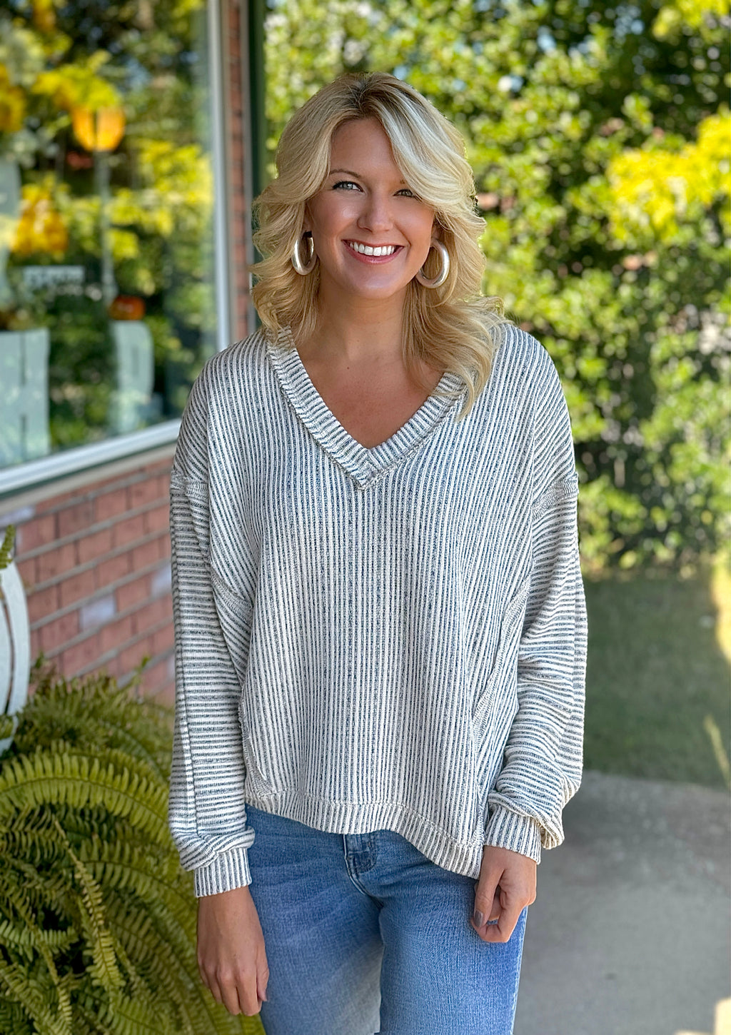 Striped Drop Shoulder Vneck Top