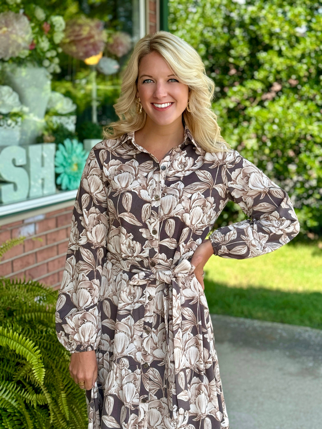 Floral Mocha Tiered Midi Dress