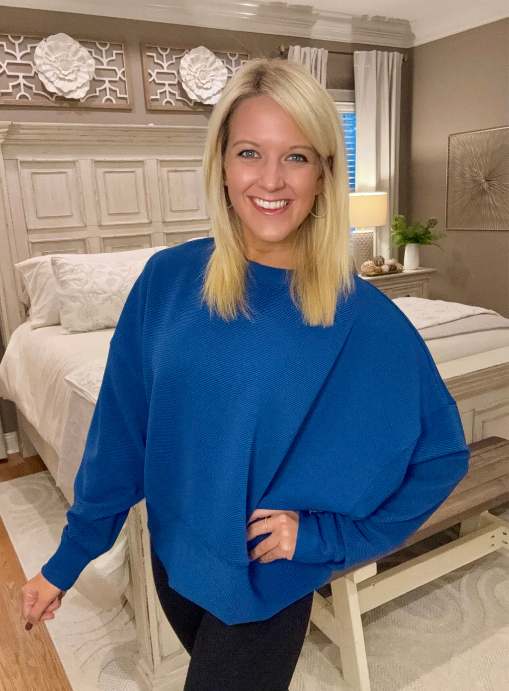 Bright Navy Ribbed Balloon Sleeve Top