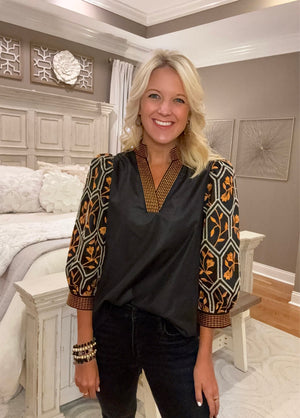 Black Top with Floral Embroidery & Neckline Detail
