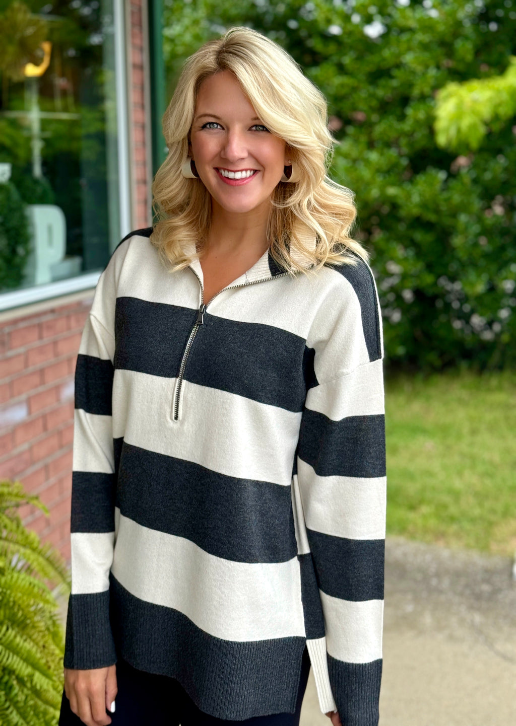 Stripe Pullover with Zipper Collar Detail