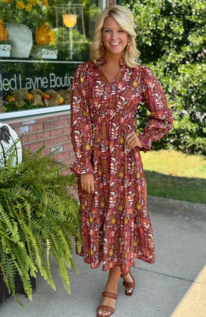 Rust Printed Dress with Ruffle Collar Detail