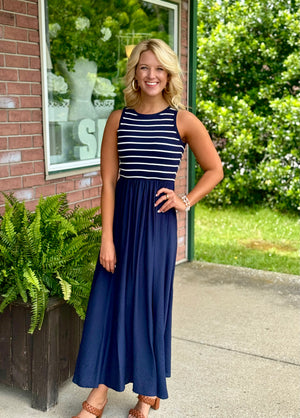 Navy & White Mix Media Midi Dress