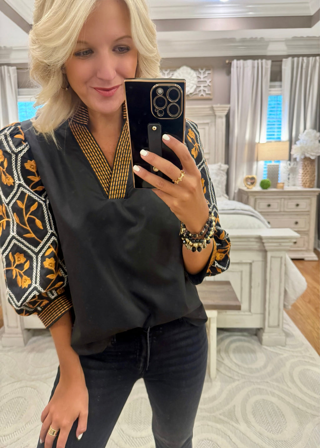 Black Top with Floral Embroidery & Neckline Detail