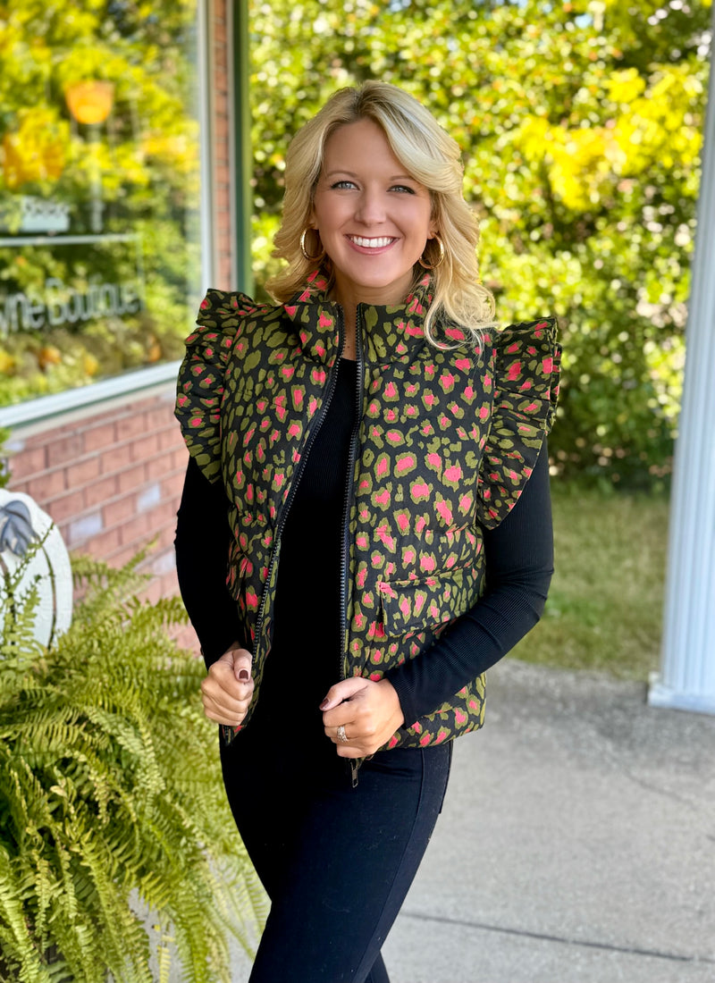 Multi Color Cheetah Vest with Ruffle Sleeve Details