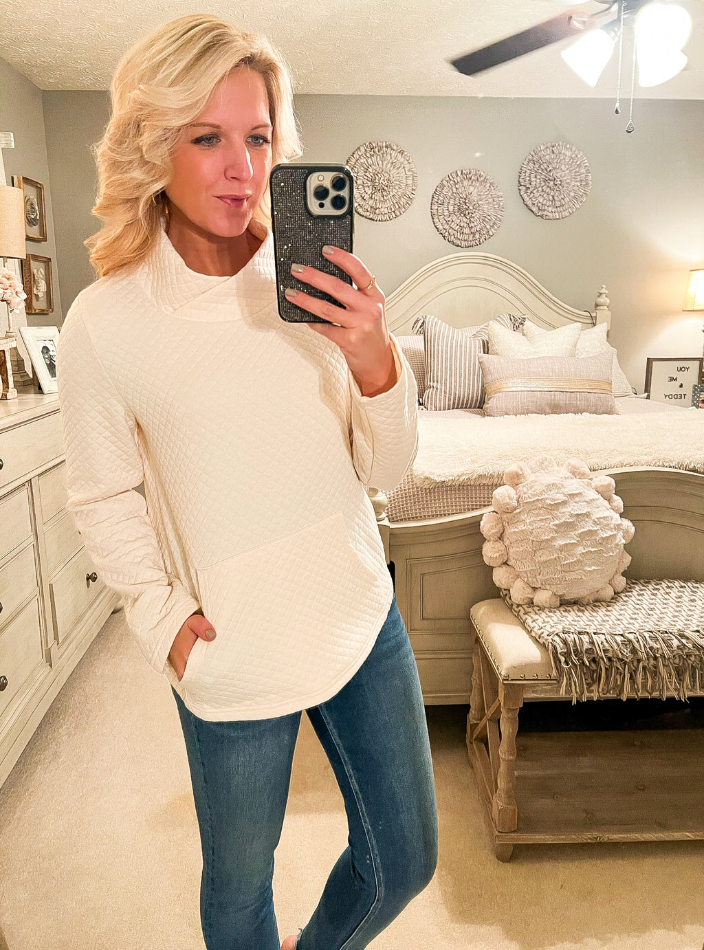 Beige High Neck Quilted Pullover