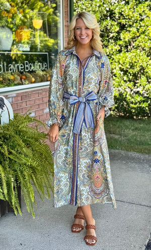 Printed Midi Dress with Contrast Detail & Tie Belt