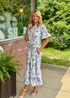 Bell Sleeve Printed Dress with Ruffle Collar and Tie Waist