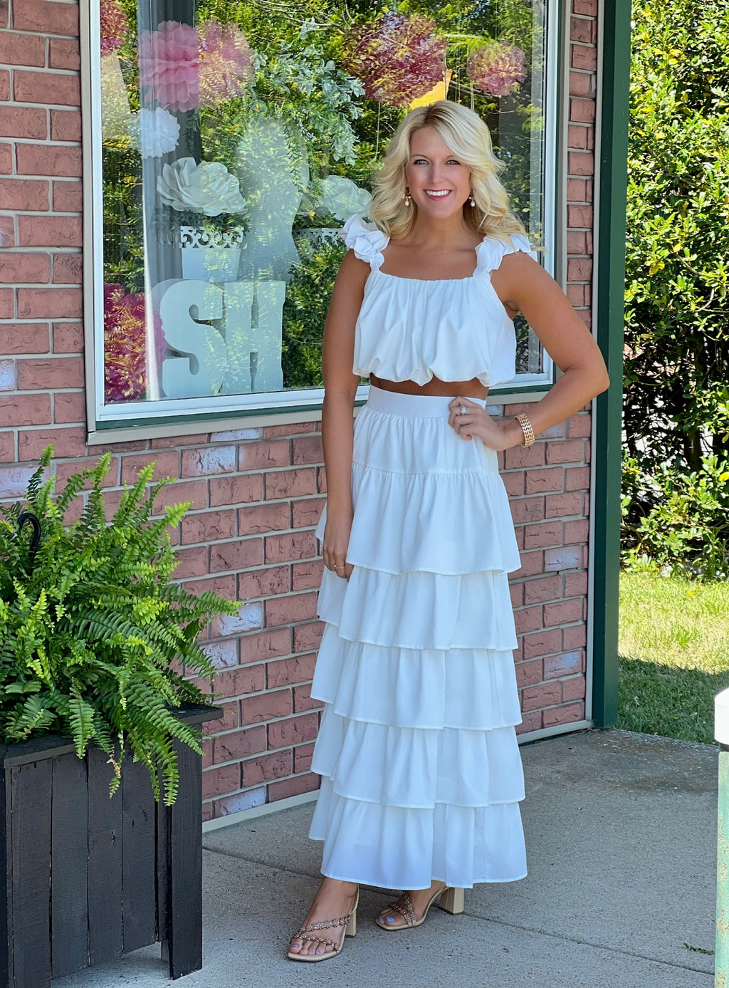 White Ruffle Tiered Skirt & Crop Top SET