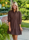Brown Ruffle Trim Textured Dress