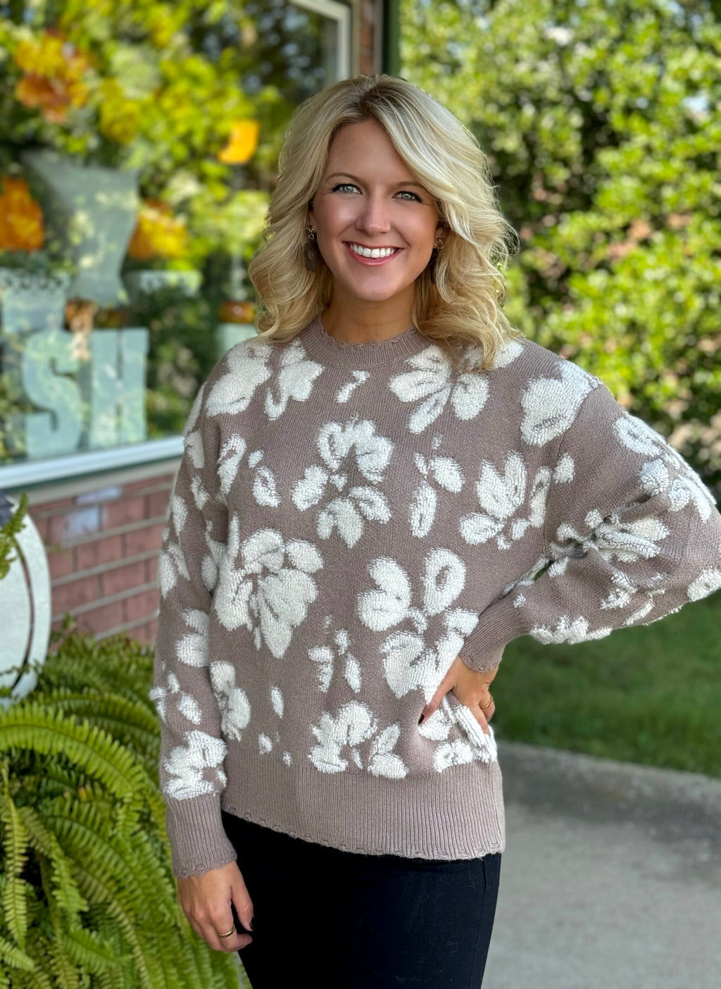 Mocha Floral Print Sweater with Distressed Hem