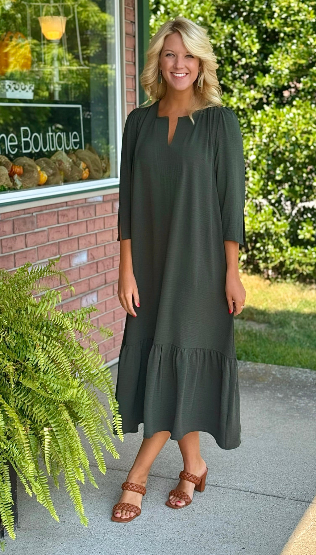 Olive Midi Dress with Ruffle Bottom