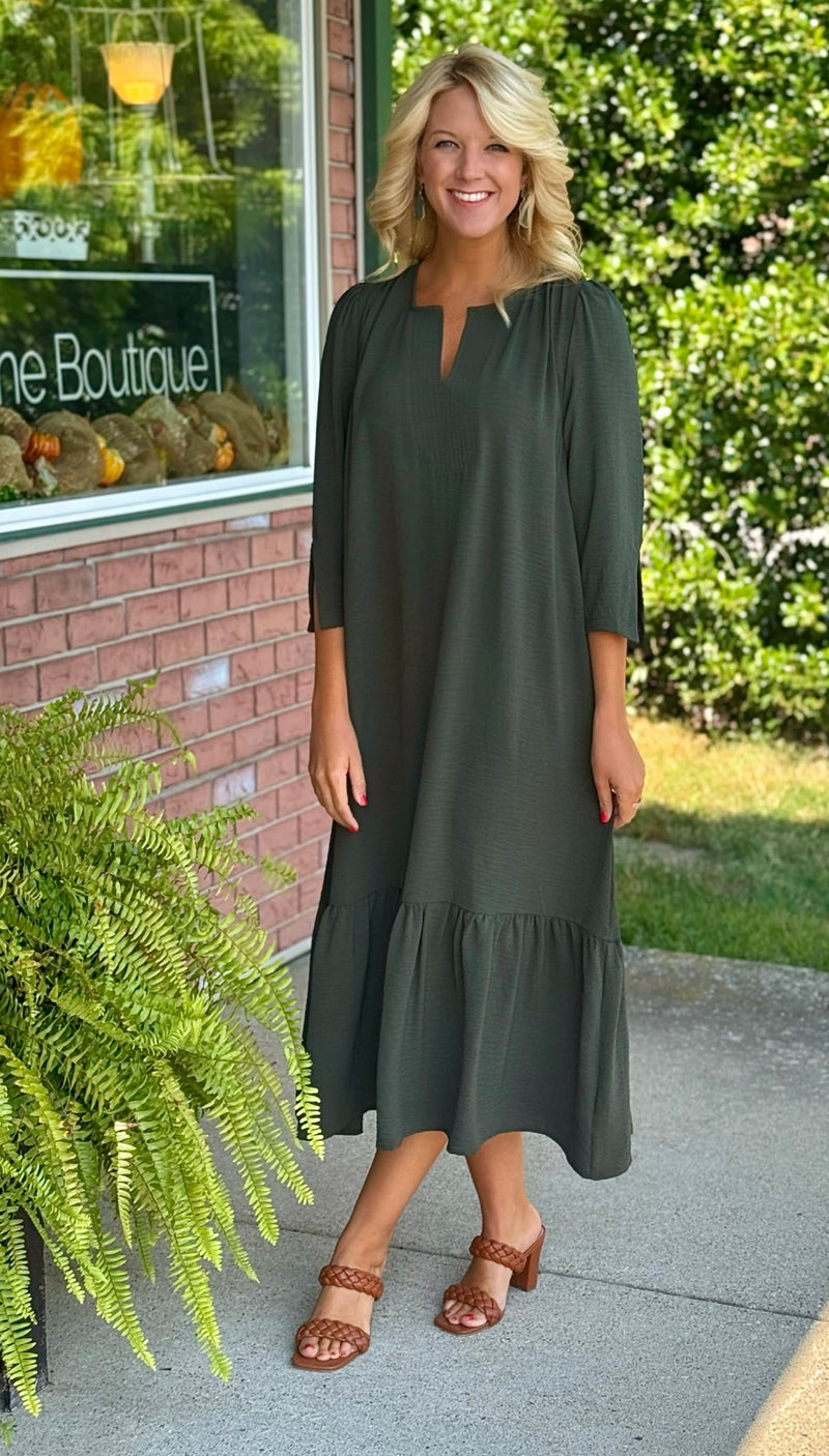 Olive Midi Dress with Ruffle Bottom