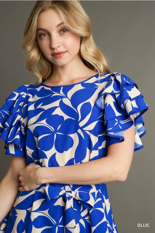 Blue Printed Dress with Layered Ruffle Sleeves