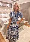 Navy Printed Woven Dress with Ruffle Details