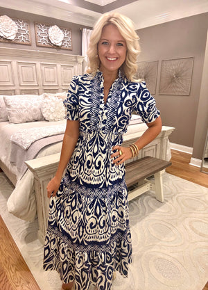 Navy Printed Woven Dress with Ruffle Details