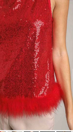 Red Sequin Top with Feather Hem Detailed
