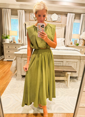 Olive Cropped Bubble Top & Pleated Skirt SET