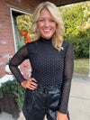 Black Embellished Mesh Mock Neck Top
