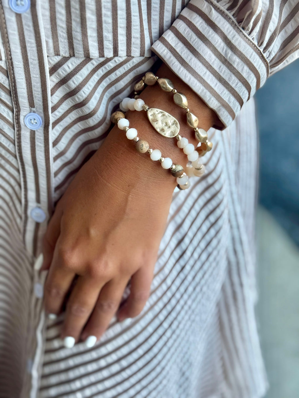 Natural & Gold Beaded Bracelet Set