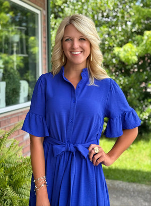 Royal Blue midi Dress with Waist Tie Detail