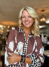 Brown Floral Midi Dress with Contrast Sleeve & Neckline Detail