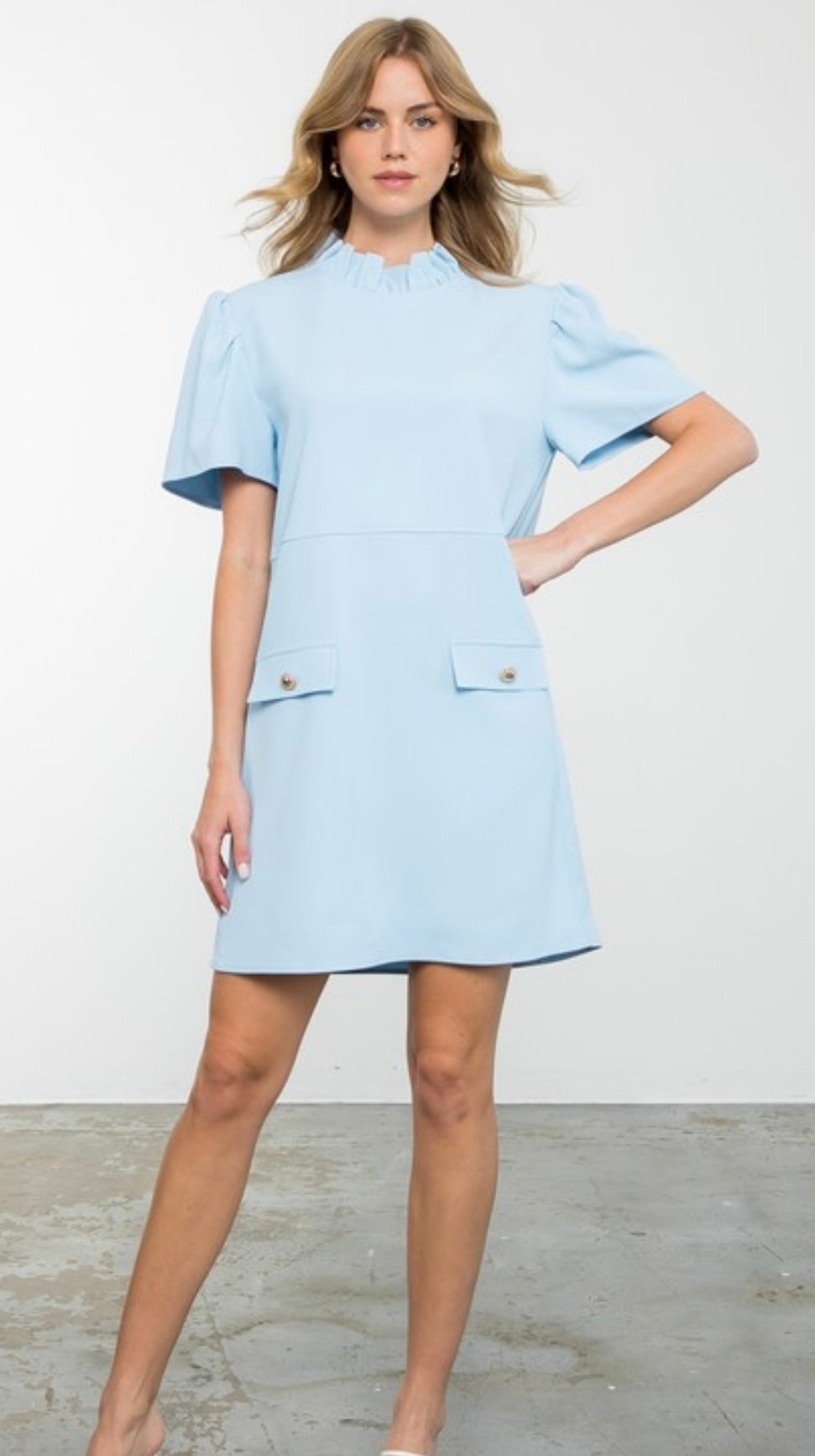 Baby Blue Short Sleeve Dress with Gold Button Pocket Detail