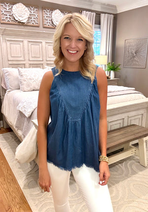 Chambray Tank with Fringe Detail