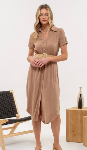 Tan Collared Button Down Belted Midi Dress