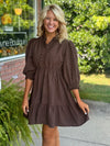 Brown Ruffle Trim Textured Dress