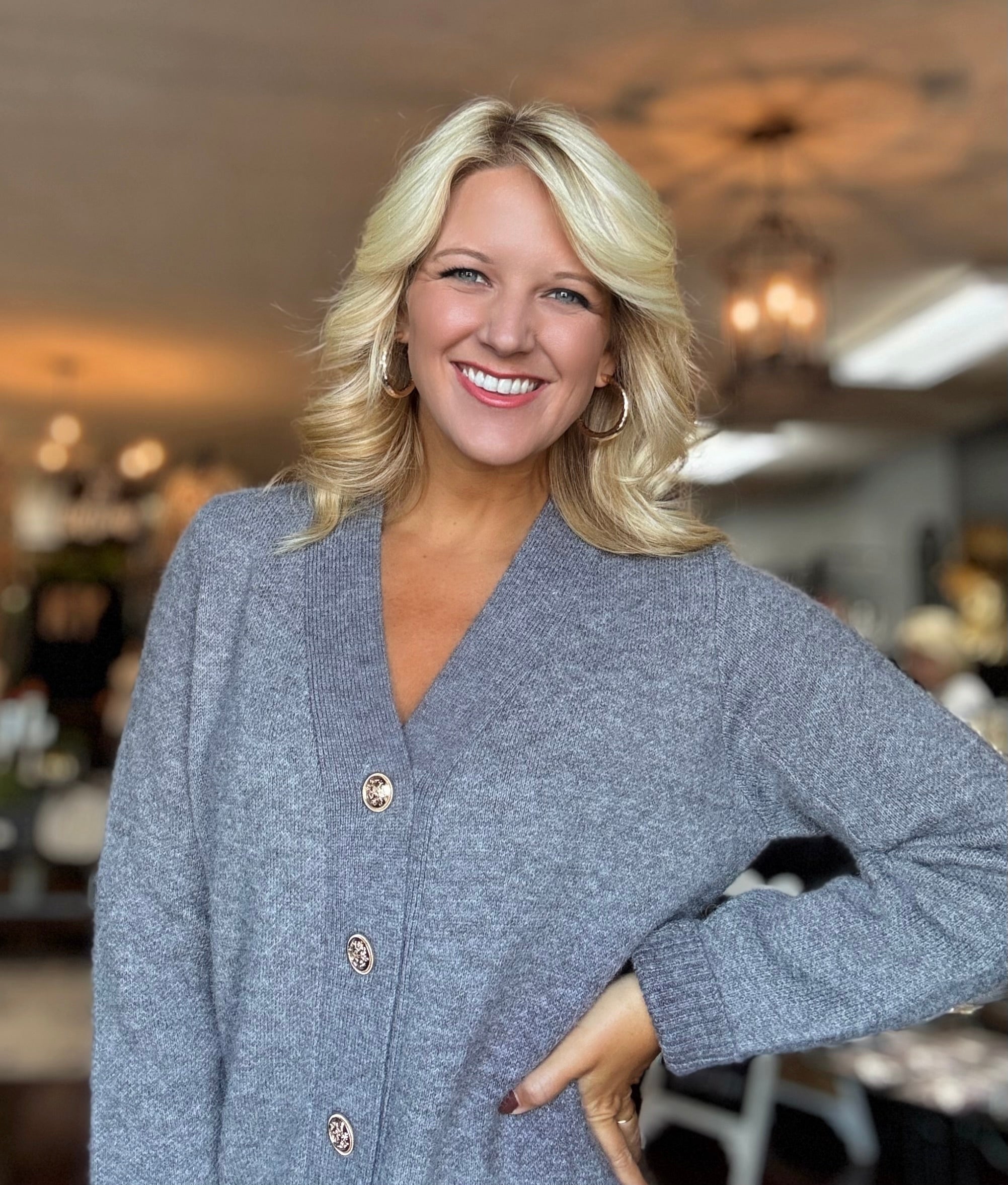 Grey Sweater Dress Cardigan with Gold Button Details Jaded Layne Boutique Grey Sweater Dress Cardigan with Gold Button Details Jaded Layne Boutique