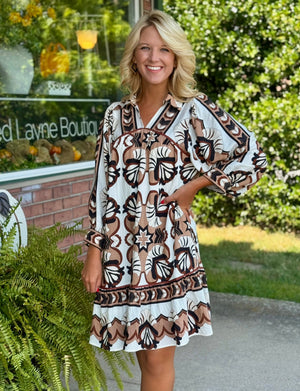 Brown Printed Border Detailed Dress