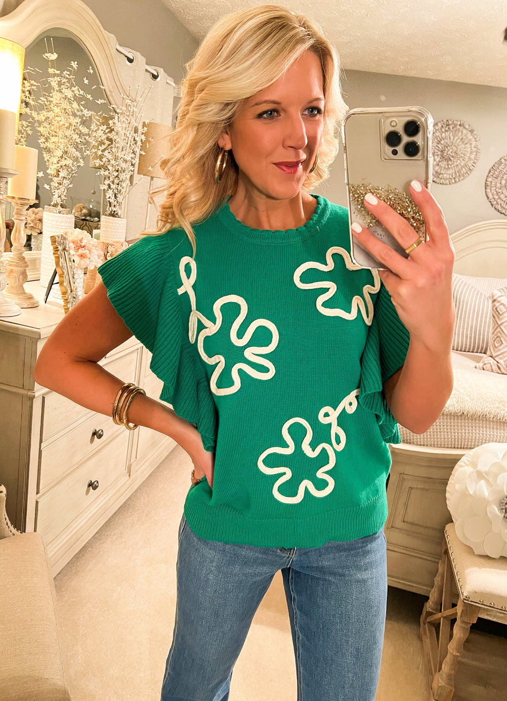 Green Short Sleeve Sweater with Embroidered Details