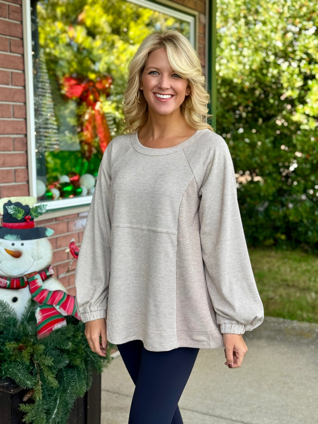Mocha Stripe Pleat Sleeve Tunic Top