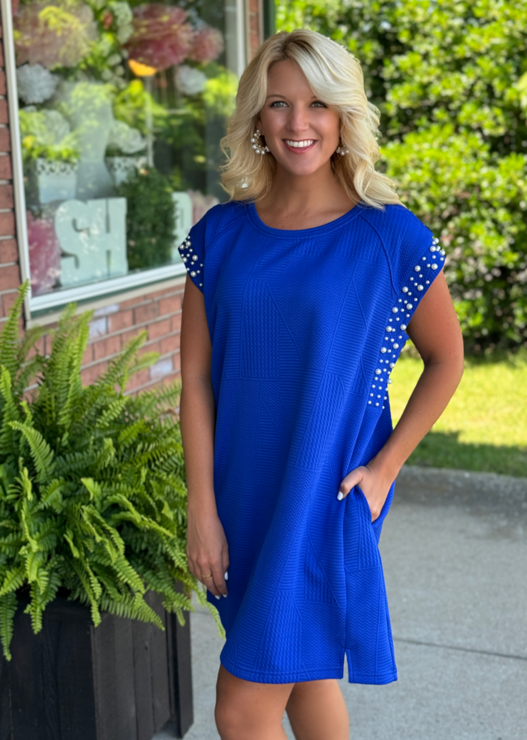 Blue Textured Dress with Pearl Details