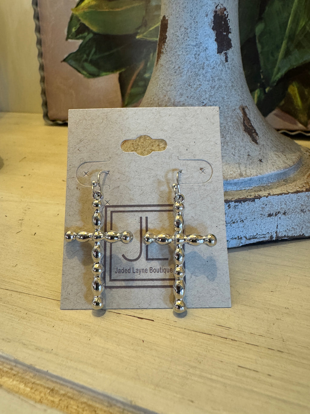 Silver Beaded Cross Earrings