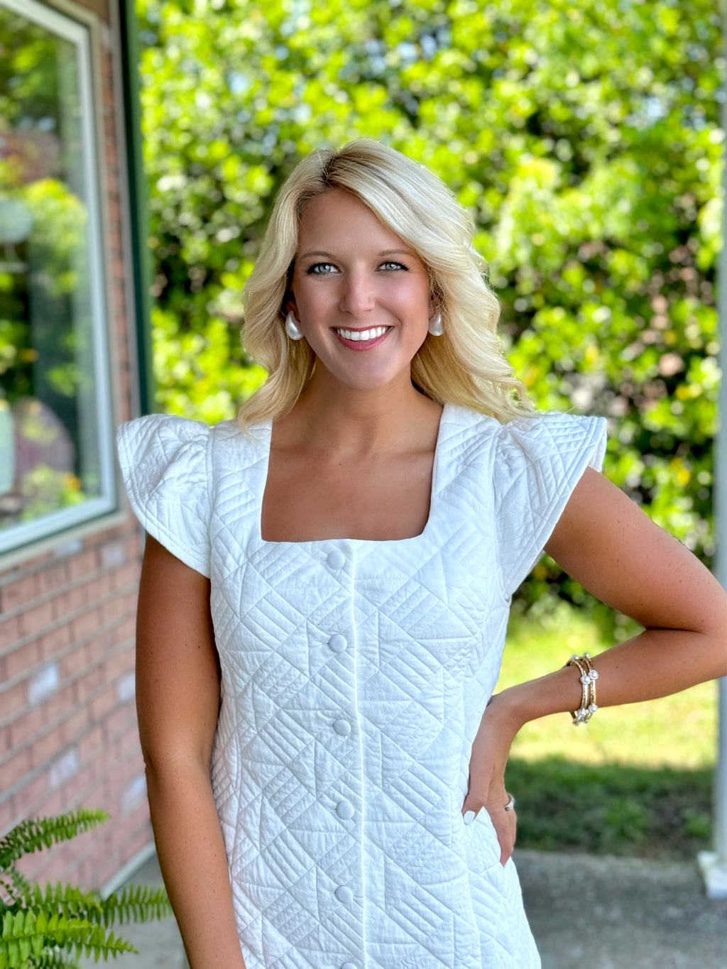 White Quilted Button Down Dress