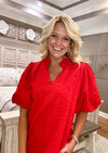 Red Textured Puff Sleeve Dress