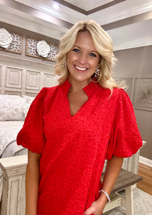 Red Textured Puff Sleeve Dress