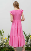 Pink Flutter Sleeve Midi Dress with Smocking Detail