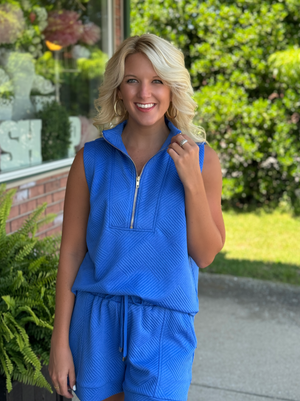 Blue Textured Sleeveless Top & Short SET