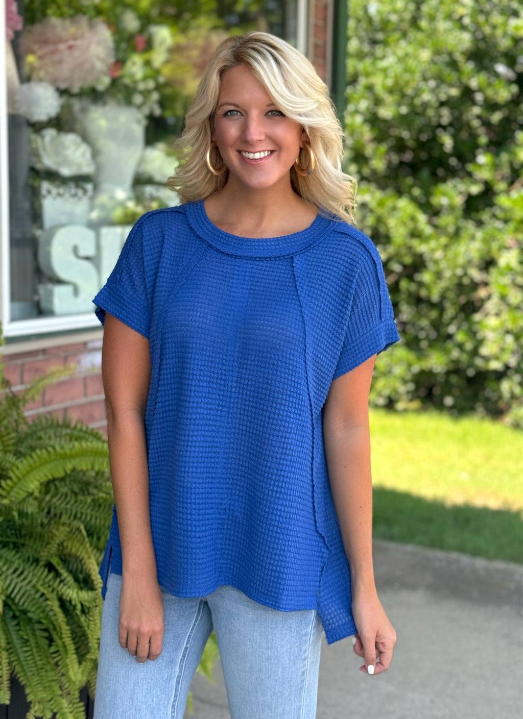 Royal Blue Brushed Exposed Seam Detail Top