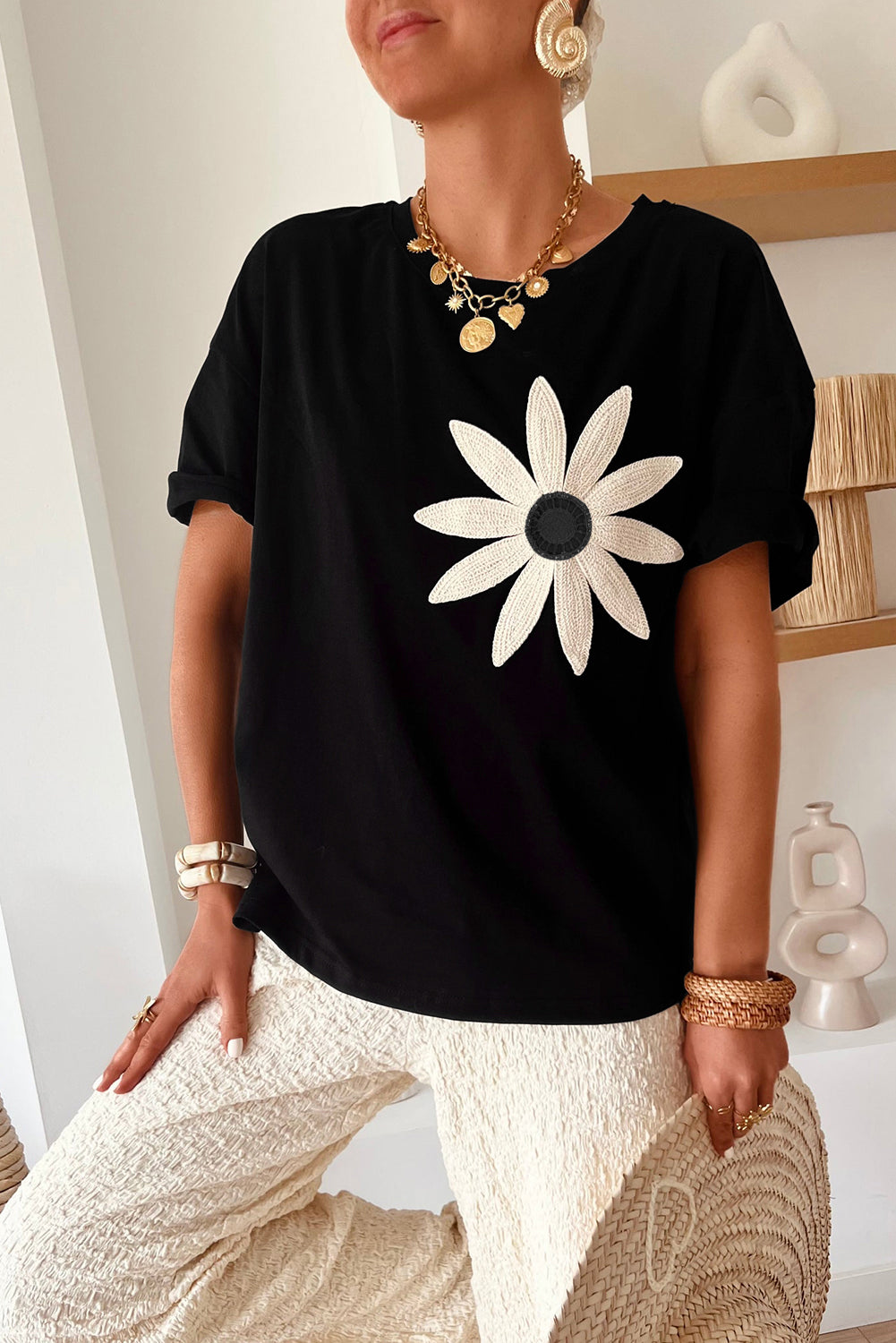 Black Crochet Flower Detail Tee *Pre-Order*