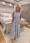 Blue Stripe Woven Midi Dress with Cinch Waist Detail