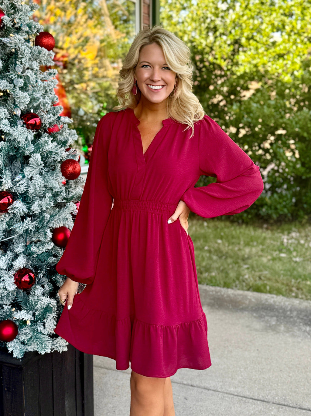 Burgundy Woven Dress with Cinched Waist