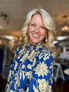Navy Printed Dress with Ruffle Smocked Neckline & Sleeve Detail