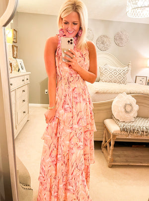 Blush Printed Halter Dress with Ruffle Details